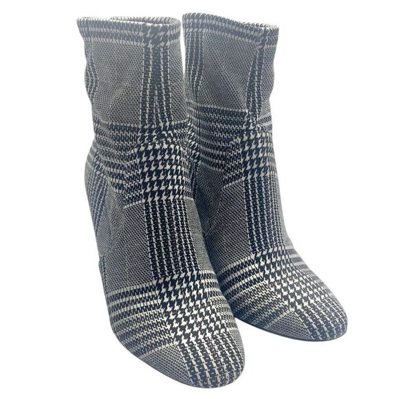 ALDO Lovelee Black White Houndstooth 3.5” Heeled Back Zip Bootie Classic Boots S - Picture 1 of 8